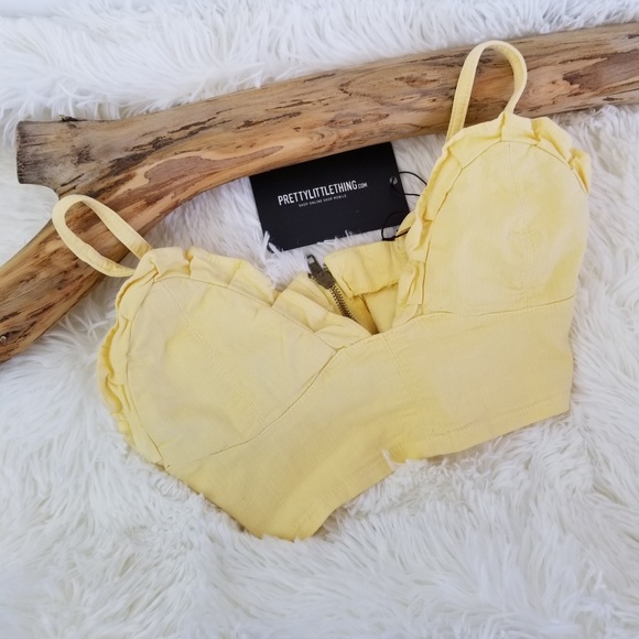 PrettyLittleThing Tops - PRETTYLITTLETHING yellow denim crop ruffle cami